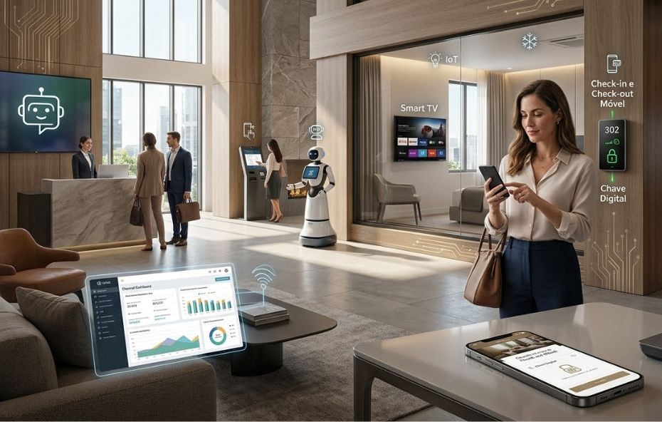 Uma fotografia realista em grande angular do lobby de um hotel moderno e luxuoso, com painéis de madeira clara e piso de pedra polida, repleta de diversas tecnologias de hospitalidade integradas e interações de hóspedes. No centro, uma hóspede sorridente interage com um pequeno robô de serviço móvel. À esquerda, outros hóspedes usam um terminal de auto-atendimento. Uma tela na parede exibe um ícone de chatbot e dados. Vários hóspedes utilizam smartphones e tablets. Ícones gráficos flutuantes e linhas de circuito brilhantes em tons de azul e dourado conectam visualmente os dispositivos, rotulando tecnologias como Chave Digital, Smart TV, Wi-Fi de Alta Performance, Chatbot com IA, IoT, Check-in Móvel e Check-out, Gerenciamento de Canais e PMS. A luz natural entra por janelas que mostram uma vista da cidade.