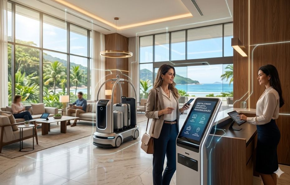 Uma foto profissional de ângulo médio mostra o saguão de um hotel de luxo, luminoso, com grandes janelas que revelam uma praia tropical e mar ao fundo. No centro, uma hóspede sorridente interage com um terminal de autoatendimento digital de última geração, que exibe interfaces em português. Uma recepcionista, também sorridente, a auxilia, usando um tablet. Um robô de bagagem autônomo, com malas prateadas, está posicionado atrás delas. Linhas de luz cianógenas e sobreposições de ícones holográficos conectam todos os dispositivos e pessoas, criando uma rede digital visual que demonstra a conectividade avançada do ambiente. Ao fundo, outros hóspedes relaxam em poltronas, também usando dispositivos digitais.