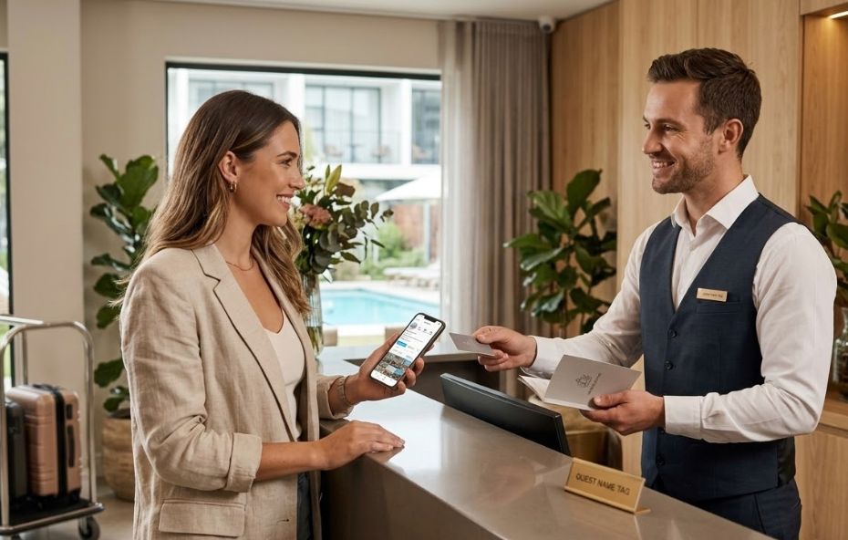 Uma hóspede sorridente de blazer bege segura um smartphone mostrando o perfil do Instagram do hotel enquanto faz o check-in na recepção. O recepcionista de colete azul sorri e entrega um cartão de chave. O fundo mostra o saguão moderno com vista para a piscina.