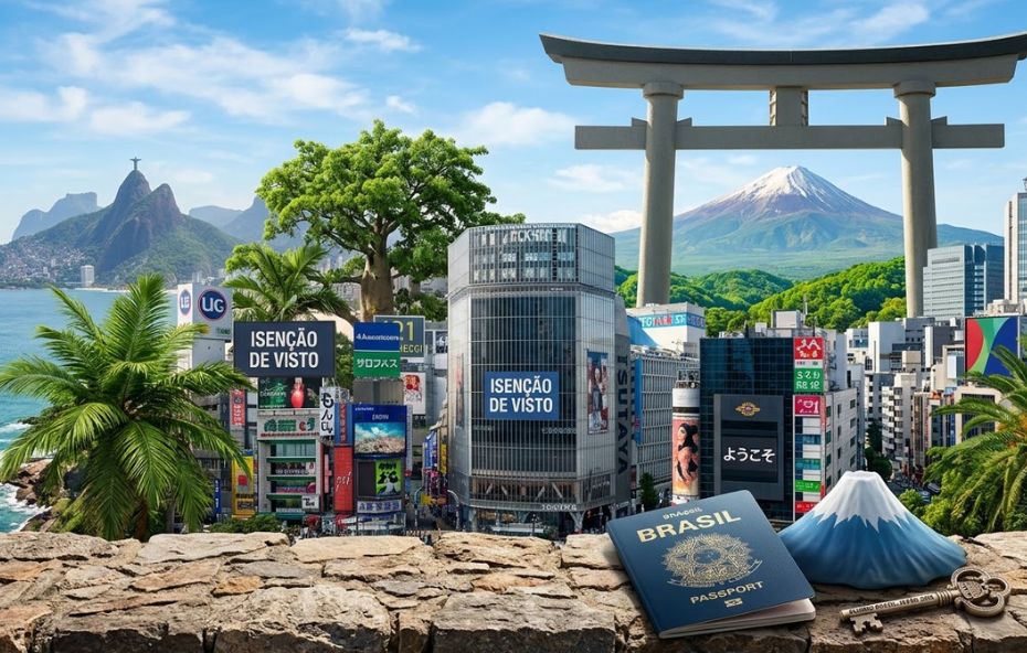 Uma composição ultra realista une pontos turísticos do Brasil e do Japão sob um céu azul. À esquerda, as praias do Rio de Janeiro e o Cristo Redentor dividem a cena com prédios modernos de Tóquio. No centro, o Monte Fuji se destaca atrás de um grande portal Torii tradicional. Em primeiro plano, sobre uma mureta de pedra, repousam um passaporte brasileiro aberto, uma réplica em miniatura do Monte Fuji e uma chave antiga ornamentada.