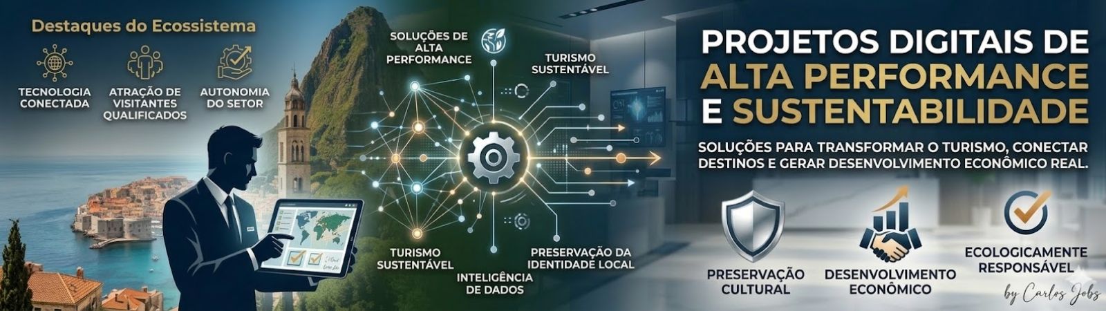 Banner horizontal mostrando um profissional de terno operando um tablet com mapa global. Ao fundo, uma paisagem turística litorânea histórica se funde a uma interface tecnológica com engrenagens e conexões de dados. À direita, o texto Projetos Digitais de Alta Performance e Sustentabilidade acompanha ícones de escudo, aperto de mãos e sustentabilidade, com a assinatura by Carlos Jobs.