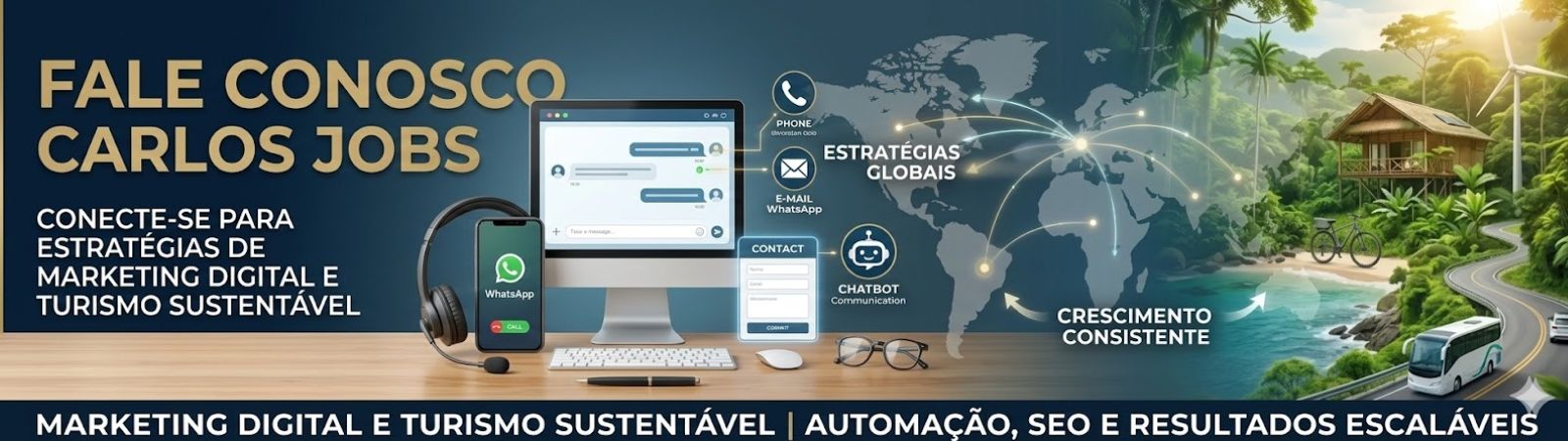 Banner horizontal dividido em duas partes principais. A esquerda, um ambiente de mesa de trabalho com monitores exibindo um chat e formulário de contato, um fone de ouvido, smartphone com WhatsApp e óculos. Acima da mesa, o texto "FALE CONOSCO CARLOS JOBS" e o subtítulo sobre estratégias de marketing digital e turismo sustentável. Ícones de telefone, e-mail e chatbot estão presentes. A direita, uma paisagem tropical de turismo sustentável com praia, bangalô, turbina eólica e estrada com ônibus e ciclista, sobreposta por um mapa-múndi com conexões luminosas e os textos "ESTRATÉGIAS GLOBAIS" e "CRESCIMENTO CONSISTENTE". Um rodapé preto contém o texto "MARKETING DIGITAL E TURISMO SUSTENTÁVEL | AUTOMAÇÃO, SEO E RESULTADOS ESCALÁVEIS".