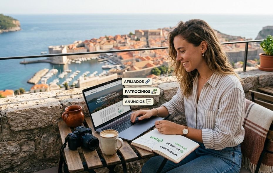 Uma mulher jovem sorri enquanto trabalha com um notebook e um caderno em uma mesa de madeira ao ar livre. Ao fundo, observa-se uma vista panorâmica de uma cidade costeira histórica com mar azul. Sobre a imagem, existem três etiquetas flutuantes com os textos afiliados, patrocínios e anúncios.