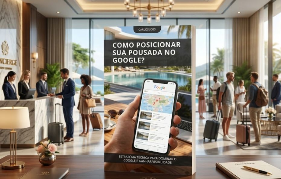 Um livro físico intitulado Como posicionar sua pousada no Google está em pé sobre uma mesa de madeira. A capa exibe o título em destaque com uma imagem de uma mão segurando um smartphone que mostra resultados de pesquisa do Google. O fundo desfocado retrata o saguão de um hotel de luxo com hóspedes fazendo check-in e funcionários na recepção.