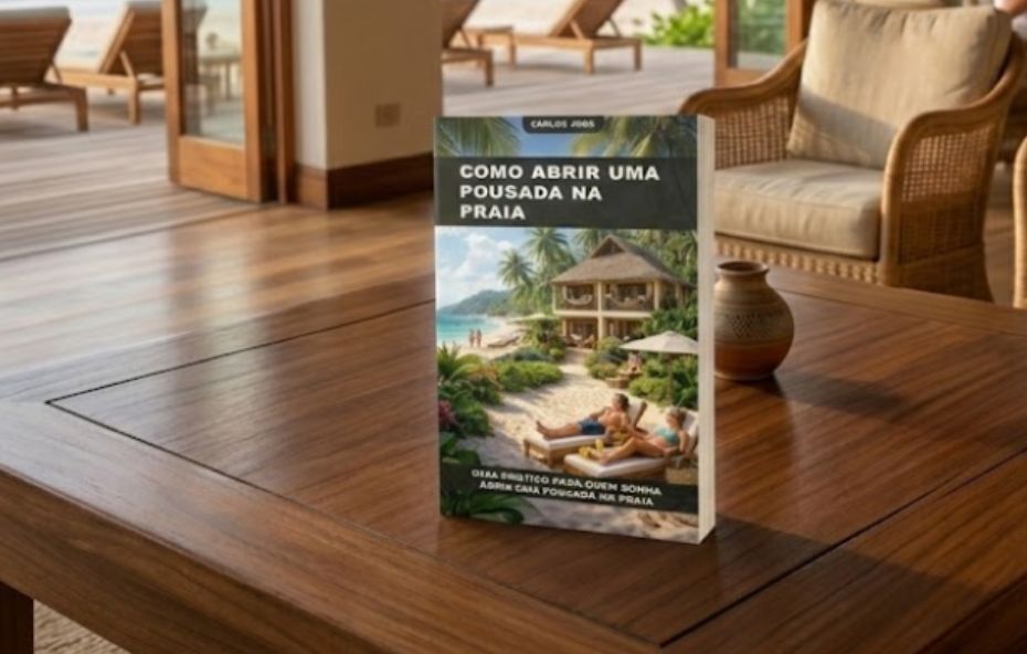 Ilustração da capa de um livro com uma pousada de dois andares e telhado de palha situada em uma praia tropical com coqueiros e mar azul ao fundo enquanto um casal relaxa em espreguiçadeiras na areia em primeiro plano.