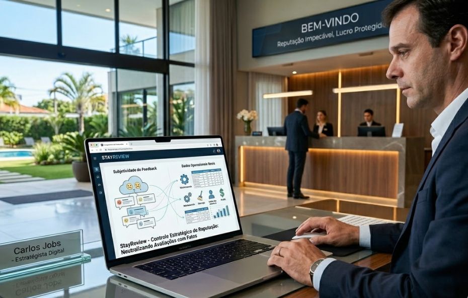 Um estrategista digital está sentado em um lobby de hotel de alto padrão, focado em um notebook que exibe o diagrama do StayReview. A ferramenta transforma feedbacks subjetivos de hóspedes em dados operacionais precisos, como limpeza e manutenção. Uma placa de mesa transparente identifica o profissional como Carlos Jobs. O ambiente ao fundo mostra uma recepção com equipe atendendo e uma área externa com piscina e palmeiras sob luz natural.