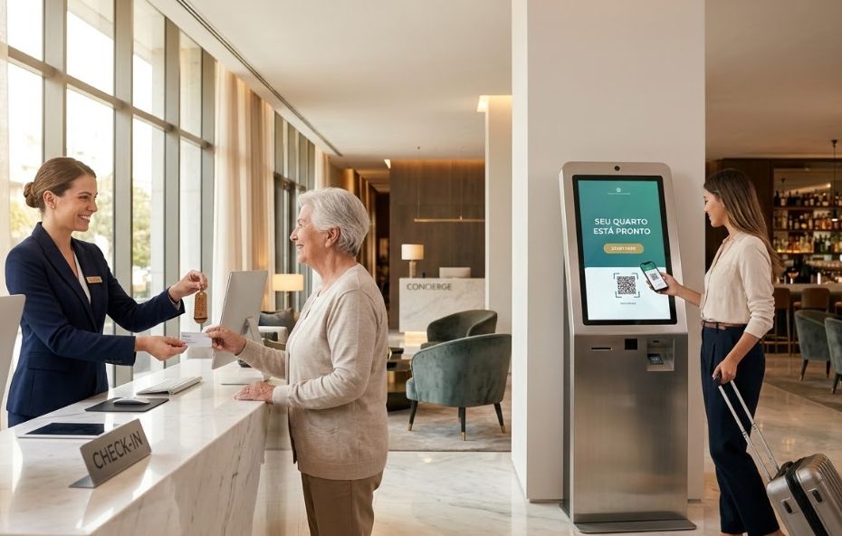 Uma fotografia de um lobby de hotel moderno e iluminado, mostrando duas cenas simultâneas. À esquerda, uma recepcionista sorridente entrega uma chave e um cartão para uma hóspede idosa em um balcão de mármore com a placa de check-in. À direita, uma hóspede mais jovem, com uma mala de rodinhas, interage com um totem de autoatendimento prateado, segurando seu smartphone para escanear um código na tela.