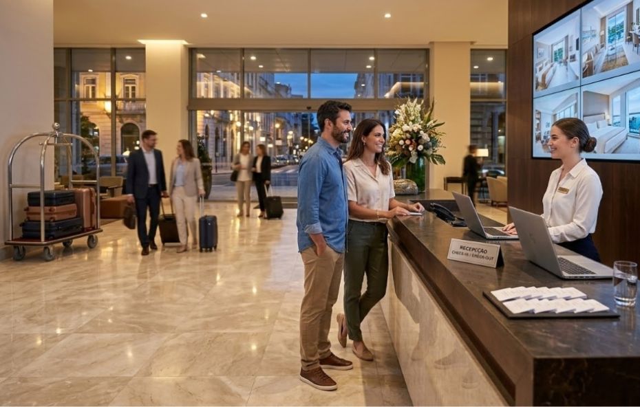 Uma fotografia colorida captura o lobby elegante de um hotel moderno durante o início da noite. Um casal de hóspedes sorridente, vestido de forma casual e elegante, está em pé em frente a um balcão de recepção de mármore escuro. A mulher veste uma blusa branca e calça verde, e o homem uma camisa jeans aberta sobre uma camiseta e calça cáqui. Eles estão interagindo com uma recepcionista profissional, de blusa branca, que sorri para eles atrás de dois laptops abertos. Sobre o balcão há um pequeno letreiro escrito "RECEPÇÃO" e alguns copos de água. Atrás da recepcionista, um grande painel de parede exibe várias fotos digitais de quartos de hotel confortáveis e vistas urbanas. Ao fundo, através de grandes janelas de vidro que mostram uma rua iluminada da cidade, outros hóspedes com malas caminham pelo lobby, e um carrinho de bagagem de latão com malas empilhadas está visível à esquerda.