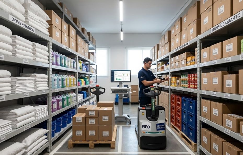 Fotografia ultra realista do interior de um almoxarifado central de hotel. Um colaborador usa um leitor de código de barras em frente a estantes repletas de produtos categorizados com etiquetas como 'GOVERNANÇA', 'LIMPEZA', 'ALIMENTOS E BEBIDAS' e 'ITENS DE QUARTO'. Há caixas em pallets de madeira e uma paleteira manual em destaque no primeiro plano. Um monitor de computador ao fundo exibe um dashboard de gestão financeira. A iluminação é de LED brilhante e o ambiente é organizado e eficiente.