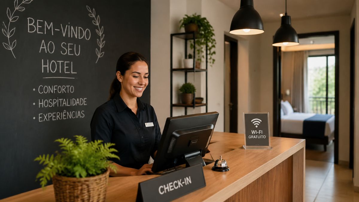 Recepcionista sorridente de cabelos escuros atende no balcão de madeira de um hotel aconchegante com placa de registro de entrada e aviso de internet gratuita.