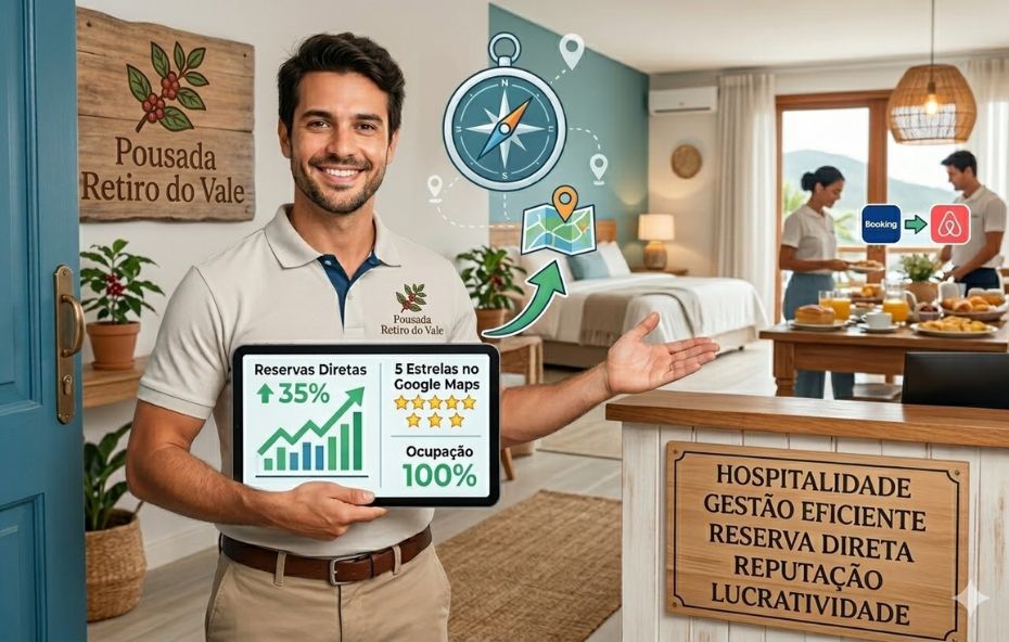 Um profissional de hotelaria segura um tablet que exibe indicadores de desempenho, como taxa de ocupação e aumento de reservas diretas, em uma recepção organizada. A imagem ilustra visualmente o conceito de como administrar uma pousada de pequeno porte, destacando a importância da gestão baseada em dados, da governança impecável e da tecnologia como pilares para o sucesso do negócio.