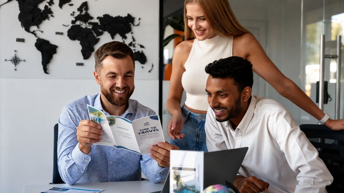 Três pessoas sorridentes em um escritório planejam um roteiro turístico enquanto analisam juntas um panfleto impresso com a frase Time to Travel.