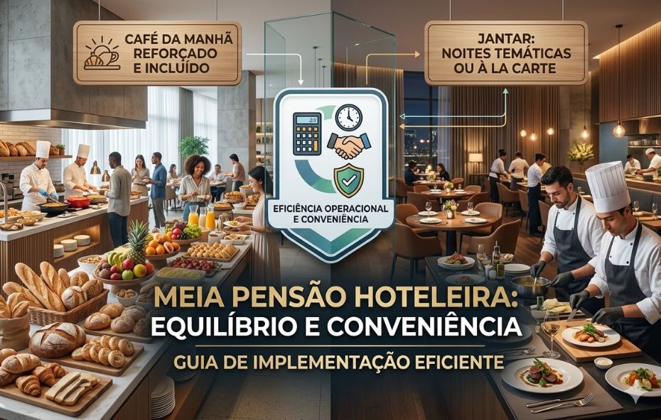 Um infográfico de destaque dividido diagonalmente que representa o conceito de meia pensão na hotelaria, onde o lado esquerdo mostra um ambiente claro de café da manhã com uma família se servindo em um buffet variado, enquanto o lado direito retrata um jantar sofisticado com chefs preparando pratos gourmet sob iluminação quente, e no centro o título afirma que a meia pensão oferece equilíbrio e conveniência, com ícones de gestão como um relógio, calculadora e aperto de mãos na parte inferior.