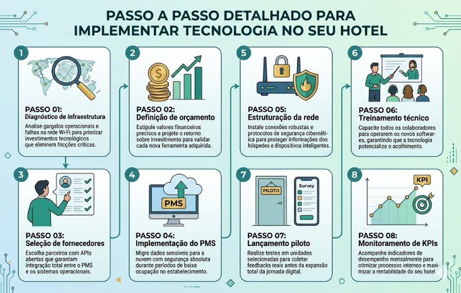 Um infográfico profissional com fundo verde-água e detalhes de circuito eletrônico, apresentando oito passos numerados para a modernização tecnológica de um hotel. No topo, o título diz 'PASSO A PASSO DETALHADO PARA IMPLEMENTAR TECNOLOGIA NO SEU HOTEL'. O Passo 1 exibe uma lupa sobre um mapa do mundo para o diagnóstico de infraestrutura e Wi-Fi. O Passo 2 mostra moedas e um gráfico de crescimento para a definição de orçamento. O Passo 3 ilustra uma pessoa analisando uma lista de verificação de fornecedores. O Passo 4 apresenta um monitor com a sigla 'PMS' e uma nuvem para a implementação do sistema de gestão. O Passo 5 mostra um roteador seguro com cadeado e escudo. O Passo 6 ilustra uma instrutora treinando funcionários com fones de ouvido. O Passo 7 exibe um smartphone e uma porta marcada como 'PILOTO'. O Passo 8 foca no monitoramento de KPIs e otimização de processos com um gráfico ascendente e alvo.