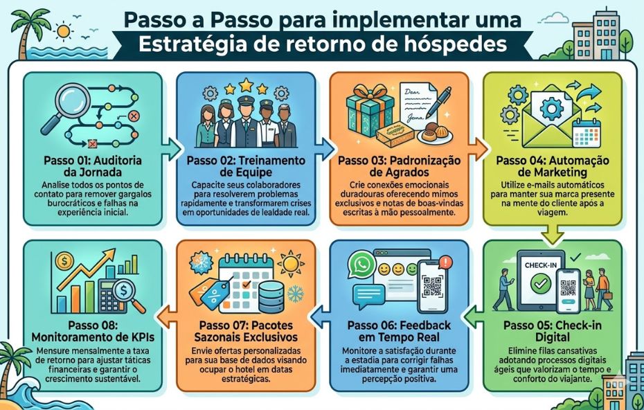 Um infográfico detalhado apresenta oito passos principais organizados em dois blocos sobre como hotéis podem implementar uma estratégia de retorno para hóspedes. O primeiro passo envolve auditoria da jornada do cliente. O segundo passo trata do treinamento da equipe. O terceiro passo mostra a padronização de agrados especiais. O quarto passo detalha a automação de marketing pós estadia. O quinto passo propõe o check in digital para maior agilidade. O sexto passo incentiva a coleta de feedback em tempo real. O sétimo passo oferece pacotes sazonais exclusivos. O oitavo e último passo foca no monitoramento de KPIs e resultados financeiros. Toda a imagem tem ilustrações claras e texto explicativo em português.