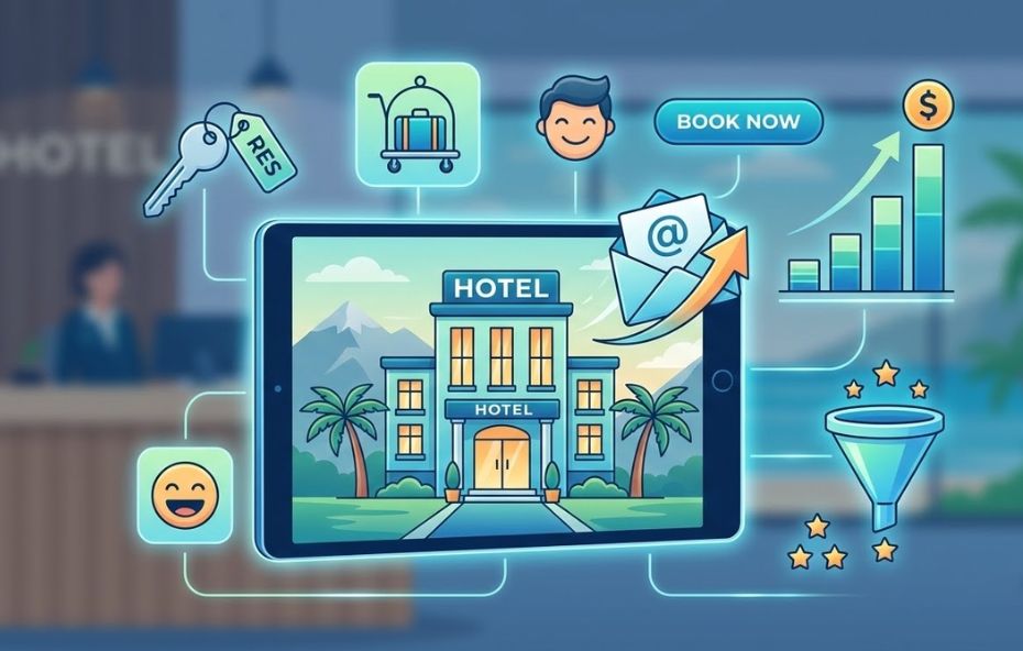 Ilustração moderna em um tablet mostrando a fachada de um hotel cercada por ícones digitais flutuantes que representam o e-mail marketing. A imagem exibe um envelope com uma seta de envio, gráficos de crescimento financeiro, um funil de vendas com estrelas de avaliação e botões de reserva rápida em um ambiente de recepção hoteleira desfocado ao fundo.
