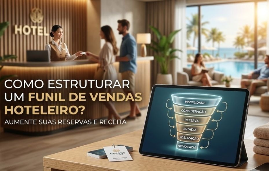 Infográfico educativo com sete etapas numeradas sobre fundo claro e uma cena de recepção de hotel exibindo um tablet com as fases de visibilidade e advocacia.