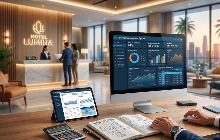 Vista em primeiro plano das mãos de um gestor hoteleiro sobre uma mesa de madeira com monitor exibindo gráficos de receita, calculadora, caderno de anotações e tablet, enquanto ao fundo observa-se o saguão luxuoso de um hotel com hóspedes na recepção.