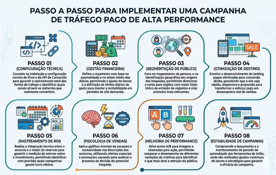 Um infográfico profissional com fundo cinza claro e detalhes em azul, composto por oito blocos numbered organizados em duas linhas de quatro. O infográfico explica o passo a passo para implementar uma campanha de tráfego pago de alta performance para hotéis. Cada bloco numbered tem um ícone ilustrativo, um título de etapa e um texto descritivo. Acima dos blocos, o título principal está em destaque. Detalhes sutis de dados e circuitos decoram as laterais.