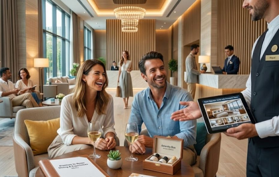 Fotografia de um casal sorridente sentado em poltronas de um lobby de hotel luxuoso enquanto degusta vinho branco. À direita um funcionário uniformizado apresenta um tablet com fotos de suítes superiores. Sobre a mesa de centro de madeira há uma caixa de amenities premium um pequeno vaso com suculenta e um menu de experiências gastronômicas. O fundo mostra um ambiente sofisticado com pé direito alto lustres modernos de cristal e balcão de recepção com outros hóspedes e atendentes ao fundo.