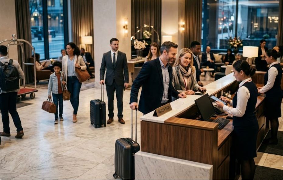 Fotografia realista do saguão de um hotel luxuoso com vários hóspedes realizando check-in no balcão de madeira enquanto outros caminham com malas pelo piso de mármore claro em um ambiente com iluminação quente e moderna.