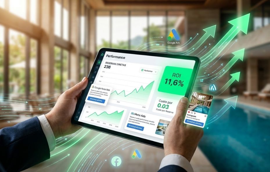 Pessoa segurando um tablet que exibe gráficos de performance hoteleira, com métricas de ROI de 11,6% e custo por reserva de 0,03 centavos, em um ambiente de hotel de luxo com piscina ao fundo.