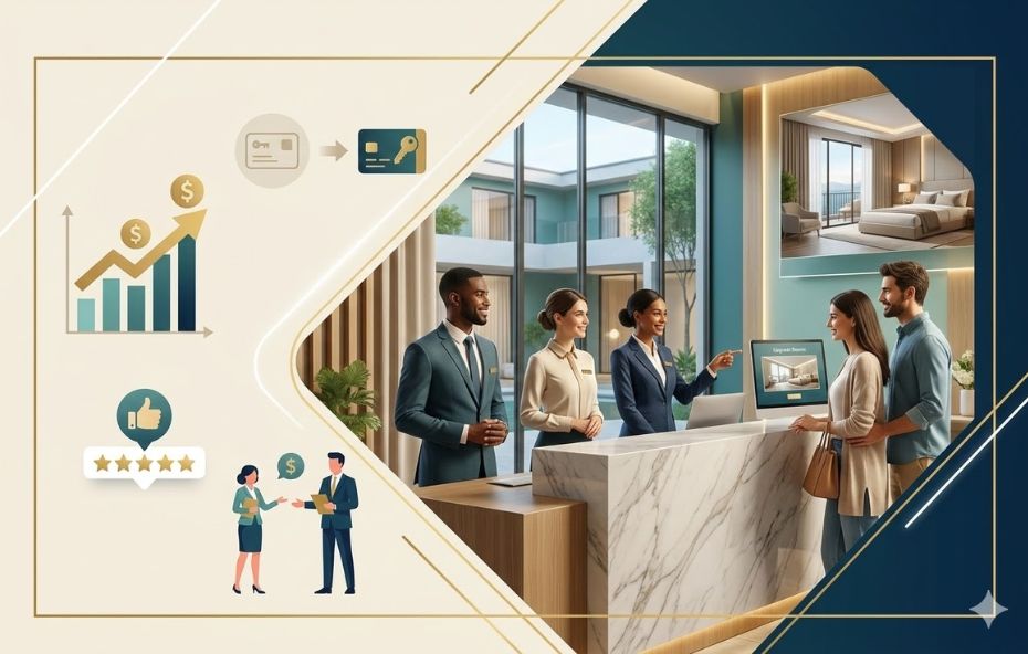 Ilustração profissional de uma recepção de hotel luxuosa com equipe uniformizada sorrindo e atendendo um casal. O design inclui elementos gráficos sobrepostos como ícones de gráficos de crescimento financeiro símbolos de avaliação cinco estrelas e a representação de um upgrade de quarto em uma tela digital.