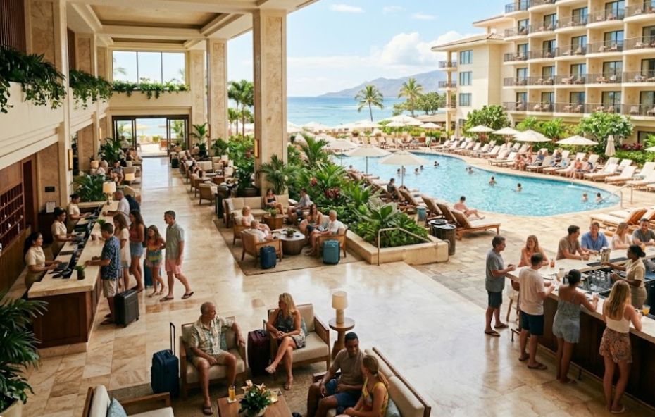 Fotografia em ângulo fechado de um tablet exibindo gráficos de crescimento financeiro e um sistema de reservas hoteleiras sobre uma mesa de madeira em um ambiente de recepção profissional.