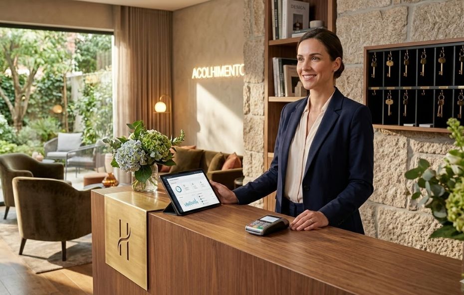 Uma recepcionista sorridente em um balcão de madeira elegante de um hotel boutique. Ela utiliza um tablet posicionado ao lado de um terminal de cartões. O ambiente ao fundo apresenta uma parede de pedras naturais com chaves penduradas em um nicho de madeira clássico. Um letreiro luminoso com a palavra acolhimento está suavemente desfocado na parede. Há uma área de estar aconchegante com poltronas verdes e flores frescas decorando o balcão.