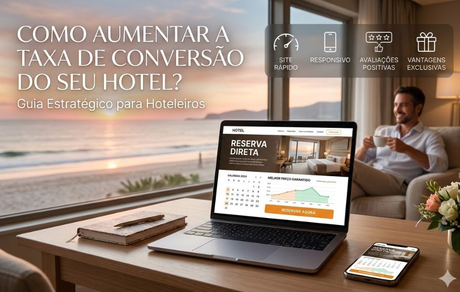 Uma mesa de hotel de luxo com vista para o mar ao pôr do sol, mostrando um notebook e um smartphone abertos na página de reservas diretas, com ícones flutuantes ilustrando site rápido, design responsivo, avaliações positivas e vantagens exclusivas. Um hóspede relaxa ao fundo segurando uma xícara.