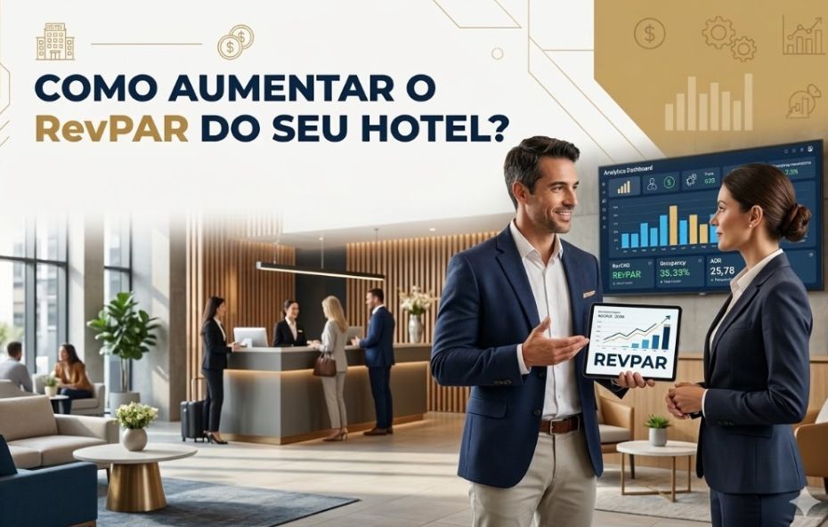 Um homem e uma mulher em trajes corporativos conversam em um saguão de hotel moderno enquanto o homem segura um tablet exibindo um gráfico de crescimento do RevPAR. Ao fundo, uma recepção com atendentes e hóspedes, além de uma tela de televisão mostrando um painel de análise com métricas de ocupação e diária média.