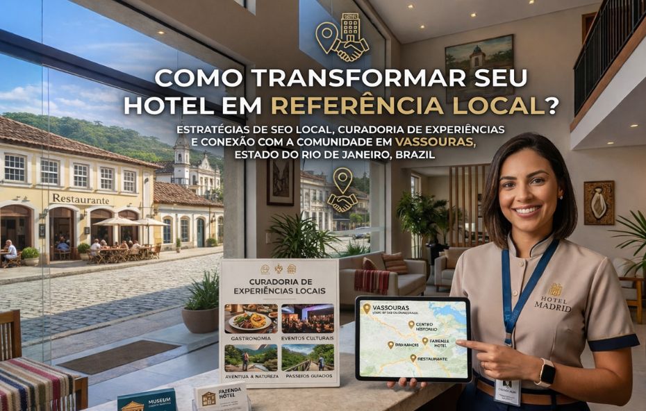 Mulher sorridente com uniforme do Hotel Madrid segura um tablet exibindo um mapa de Vassouras enquanto aponta para pontos turísticos e parceiros locais em uma recepção de hotel moderna com vista para rua histórica.