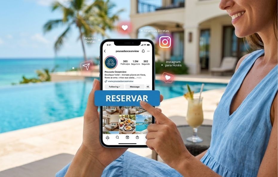 Uma pessoa segura um smartphone em primeiro plano exibindo um perfil de hotel no Instagram com o botão de reserva em evidência. Ao fundo, observa-se uma área de lazer luxuosa com piscina de borda infinita, palmeiras e vista para o mar sob luz solar intensa. Elementos gráficos flutuantes como ícones de curtida, localização e o logotipo do Instagram complementam a cena.