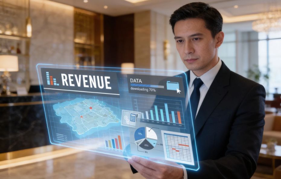 Homem de terno em um lobby de hotel luxuoso segurando uma interface digital transparente que exibe gráficos de barras, mapas de calor, indicadores financeiros e a palavra revenue destacada em azul.