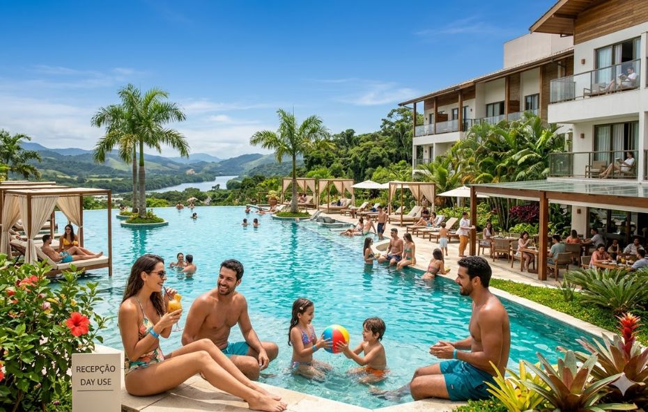 Uma fotografia de grande angular ultra-realista e ensolarada capturando a vibrante área da piscina de um resort de luxo situado em uma região montanhosa e verde. A imagem mostra dezenas de pessoas, incluindo famílias e casais locais com pulseiras de identificação, desfrutando das comodidades premium. No centro, uma grande piscina de borda infinita turquesa está rodeada por espreguiçadeiras, cabanas elegantes e palmeiras. Uma família local sorridente relaxa na borda da piscina em primeiro plano, perto de uma placa de recepção Day Use. O fundo apresenta uma vista panorâmica espetacular de colinas verdes cobertas por floresta tropical e o vale de um rio sob um céu azul claro com nuvens suaves. A luz natural brilhante ilumina a cena, destacando as texturas da água, folhagem e tecidos.