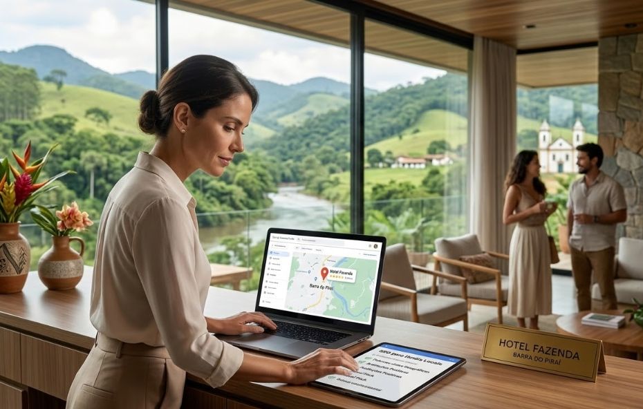 Uma mulher jovem e profissional trabalha em um balcão de recepção de madeira em um hotel luxuoso. Ela utiliza um notebook que exibe um mapa digital com a marcação de um hotel em Barra do Piraí e um tablet com uma lista de estratégias de SEO. Ao fundo, grandes janelas de vidro revelam uma paisagem deslumbrante de montanhas verdes e um rio, enquanto um casal de hóspedes conversa ao fundo em uma sala de estar iluminada.