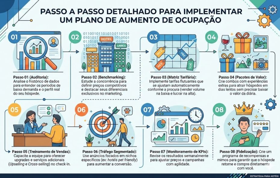 Fotografia em close de um tablet posicionado sobre um balcão de madeira exibindo gráficos de desempenho financeiro e ocupação de quartos em uma recepção de hotel iluminada.