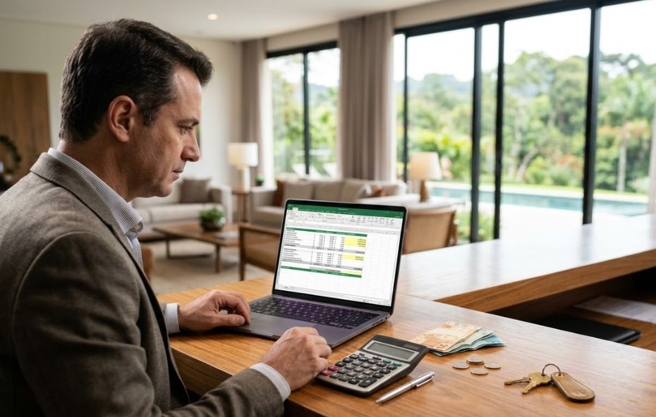 Fotografia de um homem de perfil usando terno cinza e trabalhando em um laptop em um balcão de madeira. Na tela do computador aparece uma planilha financeira de gastos. Sobre o balcão estão uma calculadora digital, algumas cédulas de dinheiro, moedas e chaves de hotel com chaveiro de couro. O fundo mostra o interior luxuoso de uma pousada com vista para um jardim.