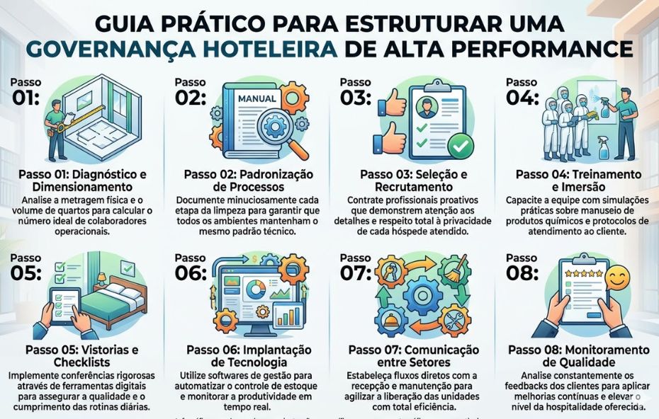 Infográfico em português organizado em oito passos numerados para estruturar uma governança hoteleira de alta performance. Cada passo contém um título curto, um parágrafo descritivo e uma ilustração correspondente. O passo um aborda diagnóstico e dimensionamento da equipe. O passo dois trata da padronização de processos. O passo três foca na seleção e recrutamento. O passo quatro detalha treinamento e imersão. O passo cinco explica vistorias e checklists. O passo seis aborda a implantação de tecnologia. O passo sete detalha a comunicação entre setores. O passo oito foca no monitoramento de qualidade. A imagem tem um fundo de hotel moderno e tons de azul, verde, laranja e amarelo.