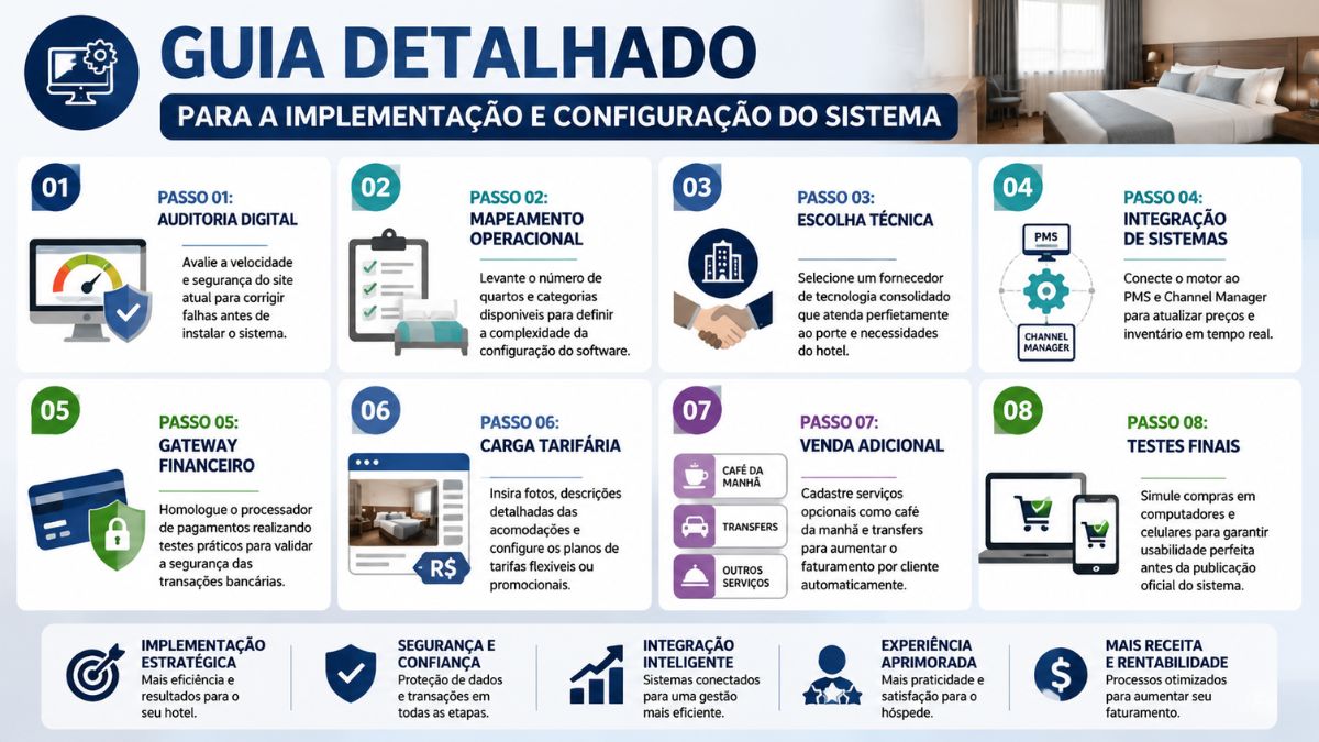 Infográfico em português mostra guia de oito passos para implementação e configuração de sistema hoteleiro com ícones e seções organizadas.