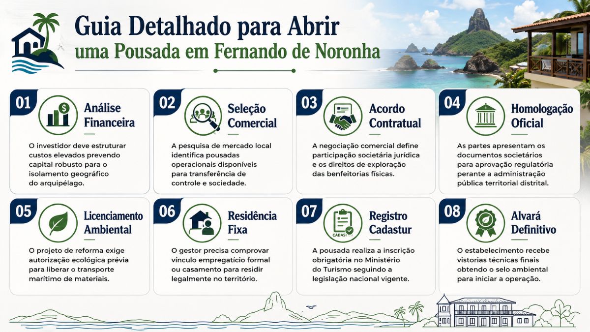 Infográfico explicativo intitulado como abrir uma pousada em Fernando de Noronha composto por oito blocos brancos numerados e ordenados sequencialmente que detalham as etapas jurídicas e operacionais necessárias para estabelecer um negócio hoteleiro no arquipélago, exibindo um cabeçalho com ilustração litorânea da ilha ao fundo.