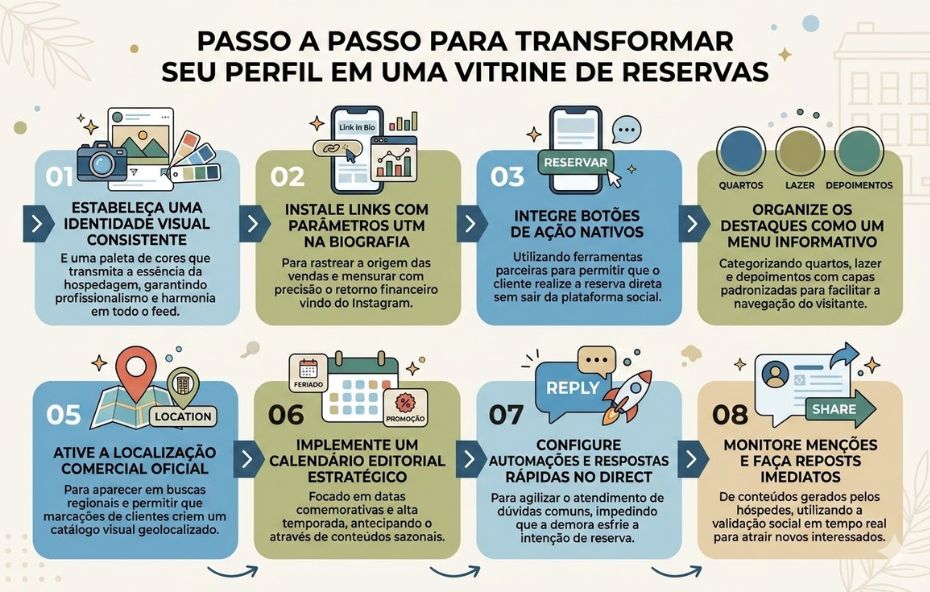 Infográfico com fundo claro e oito quadros organizados sequencialmente em duas linhas de quatro. Cada quadro possui um número grande, um ícone ilustrativo, um título em letras maiúsculas e um texto explicativo em português. As cores variam entre tons de azul, bege e verde, com setas indicando o fluxo do passo 01 ao passo 08.