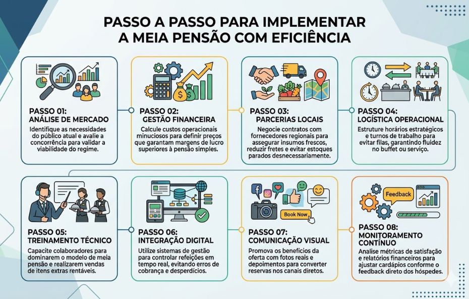 Um infográfico horizontal moderno detalhando oito passos para implementar meia pensão na hotelaria com eficiência. O design utiliza painéis coloridos e ícones sobre um fundo claro. Cada painel contém um número e um texto descritivo corrido sobre etapas como análise de mercado, finanças, parcerias locais, logística, treinamento da equipe, integração digital, marketing e monitoramento de resultados.