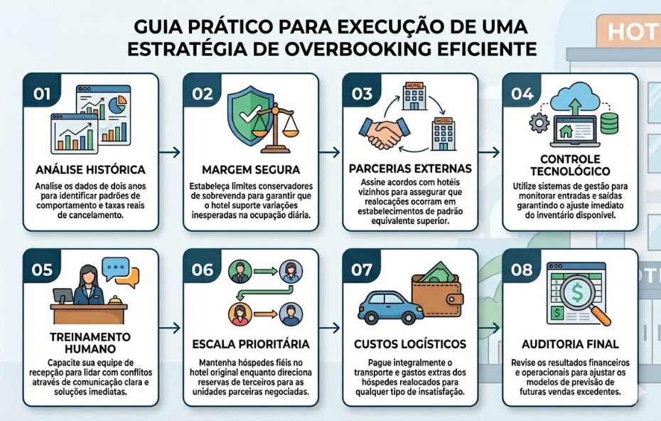 Um infográfico profissional com fundo claro apresenta oito passos sequenciais organizados em duas linhas de quatro retângulos cada um. Cada bloco possui um número de identificação, um ícone ilustrativo e um título curto em letras maiúsculas, seguidos de um pequeno parágrafo descritivo. Setas conectam os passos em ordem numérica. No topo, centralizado, lê-se o título principal Guia Prático para Execução de uma Estratégia de Overbooking Eficiente.