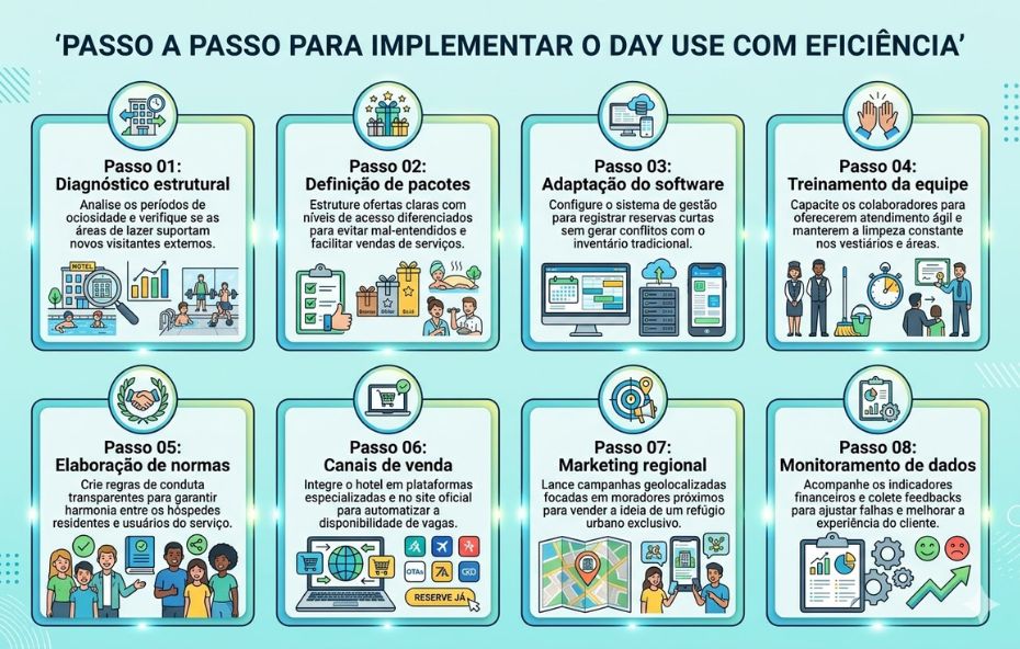 Um infográfico moderno e organizado intitulado Passo a Passo para Implementar o Day Use com Eficiência. A imagem apresenta oito painéis ilustrados dispostos em duas linhas de quatro. Cada painel tem um número de etapa de um a oito, um título curto, um parágrafo descritivo em português e ícones coloridos relacionados. A primeira linha cobre Diagnóstico estrutural, Definição de pacotes, Adaptação do software e Treinamento da equipe. A segunda linha detalha Elaboração de normas, Canais de venda, Marketing regional e Monitoramento de dados. O estilo visual usa tons de azul e verde com detalhes em amarelo e branco.