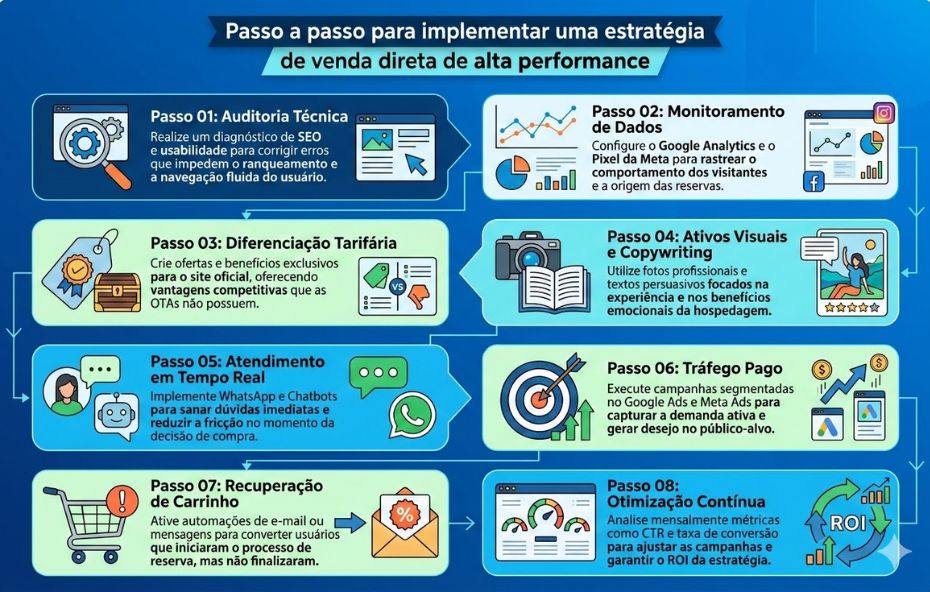 Infográfico azul e verde detalhando um passo a passo para implementar uma estratégia de venda direta de alta performance em hotéis, incluindo auditoria técnica, monitoramento de dados, diferenciação tarifária, ativos visuais, atendimento em tempo real, tráfego pago, recuperação de carrinho e otimização contínua.