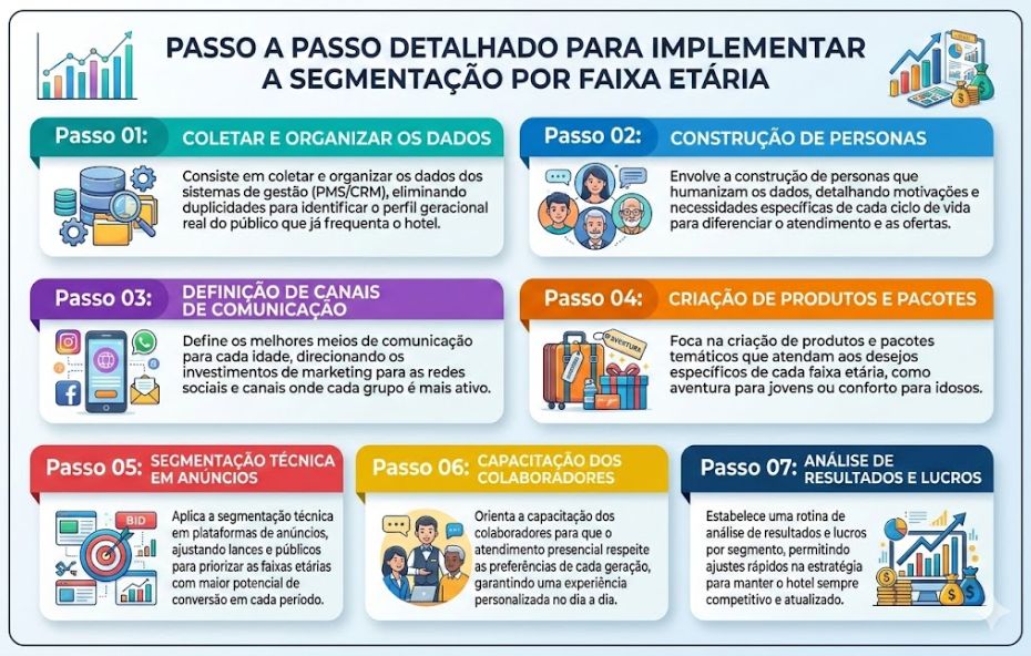 Um infográfico profissional organizado em um fluxo de sete passos numerados que detalham a estratégia de segmentação hoteleira. A imagem apresenta ícones ilustrativos para cada etapa, como funis de dados, perfis de personas, canais de comunicação, pacotes de ofertas, análise de anúncios digitais, treinamento de equipe e gráficos de desempenho financeiro. O design é limpo com cores azul e branco.