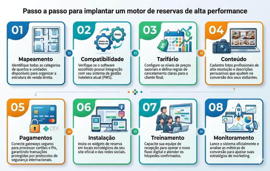 Um infográfico profissional com o título "Passo a passo para implantar um motor de reservas de alta performance". O fluxo é organizado em oito blocos numerados e coloridos, dispostos em duas linhas de quatro. Cada bloco possui um número grande, um ícone ilustrativo, um subtítulo em negrito e um texto descritivo curto. As etapas cobrem desde o mapeamento e compatibilidade com PMS até o tarifário, conteúdo, pagamentos seguros, instalação de widgets, treinamento da equipe e monitoramento de métricas. Setas azuis indicam a progressão entre os passos.