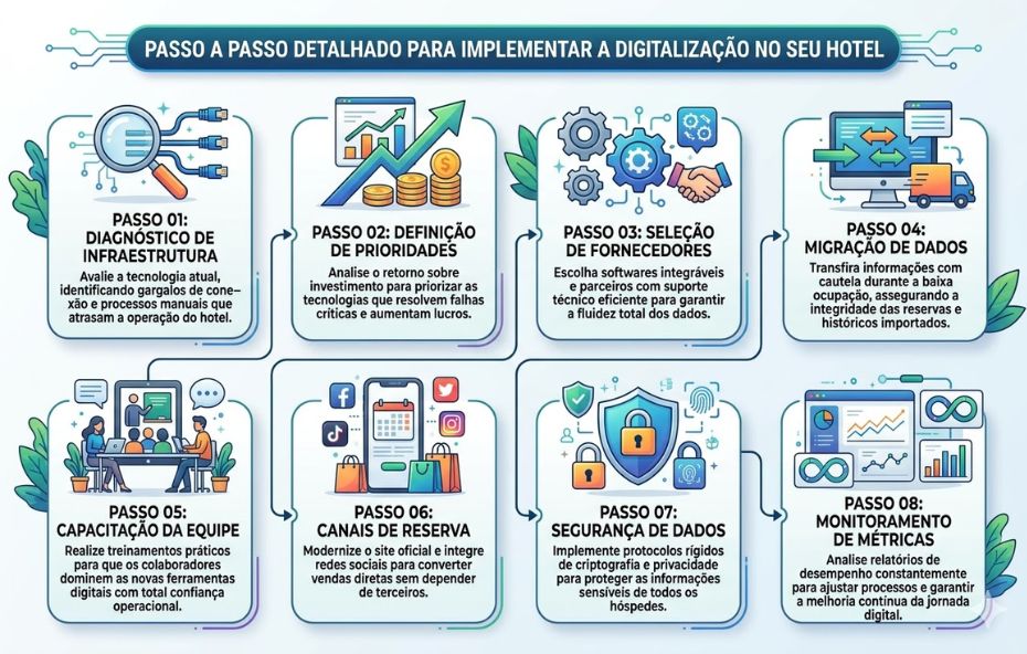 Um infográfico moderno com fundo azul claro e bordas de circuito digital apresenta oito etapas numeradas para a digitalização de um hotel. No topo, um banner azul escuro traz o título Passo a passo detalhado para implementar a digitalização no seu hotel. As oito caixas de etapas estão dispostas em duas fileiras de quatro, conectadas por uma linha pontilhada azul com setas. Cada caixa contém um ícone ilustrativo, o número e nome do passo em negrito, e uma breve descrição textual. A estética é limpa, com ilustrações em tons de azul, verde, laranja e roxo, e elementos decorativos de folhas verdes nas bordas externas.
