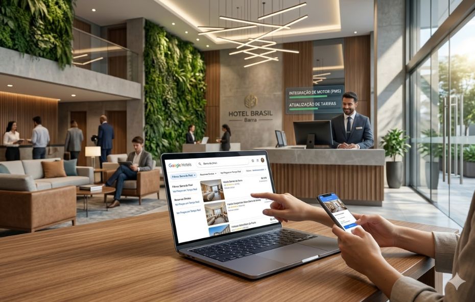 Uma pessoa sentada em uma mesa de madeira em um saguão de hotel de luxo, usando um notebook e um smartphone para fazer uma reserva no Google Hotels. O notebook exibe a interface de busca de hotéis, mostrando fotos e preços de propriedades no Rio de Janeiro. Ao fundo, um recepcionista sorri e outros hóspedes estão presentes em um ambiente elegante e iluminado.